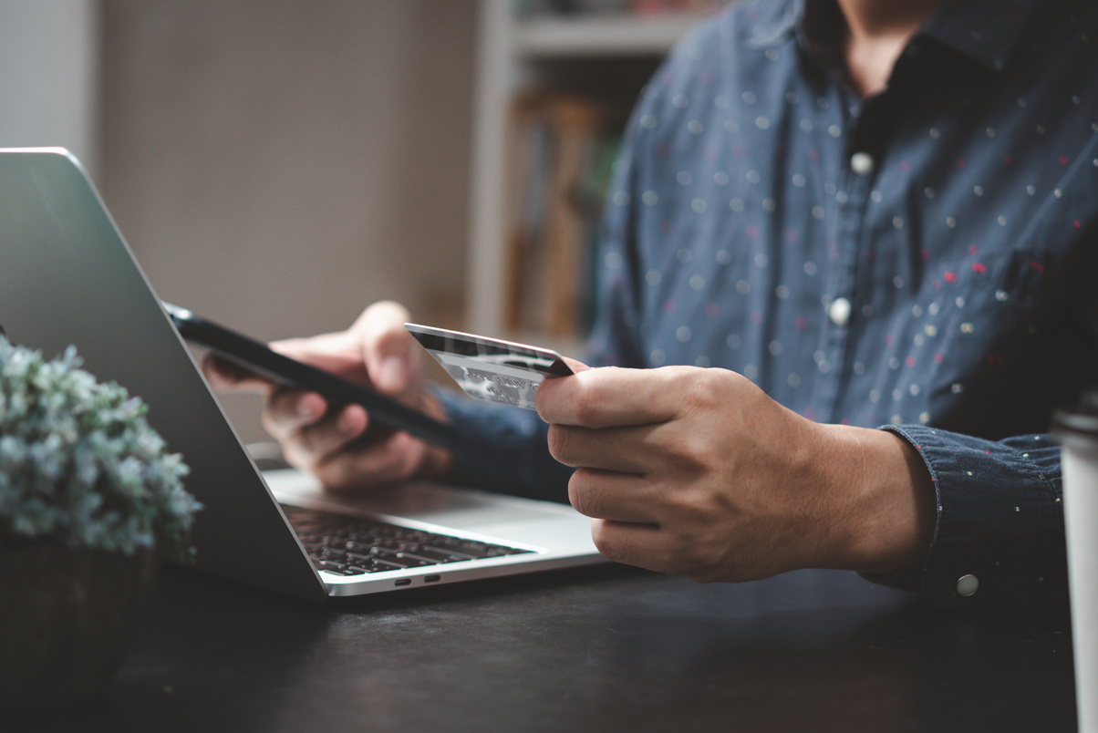 Man Holding Credit Card Payment Wallet Technology Digital Online Shopping E Commerce Business Finance.